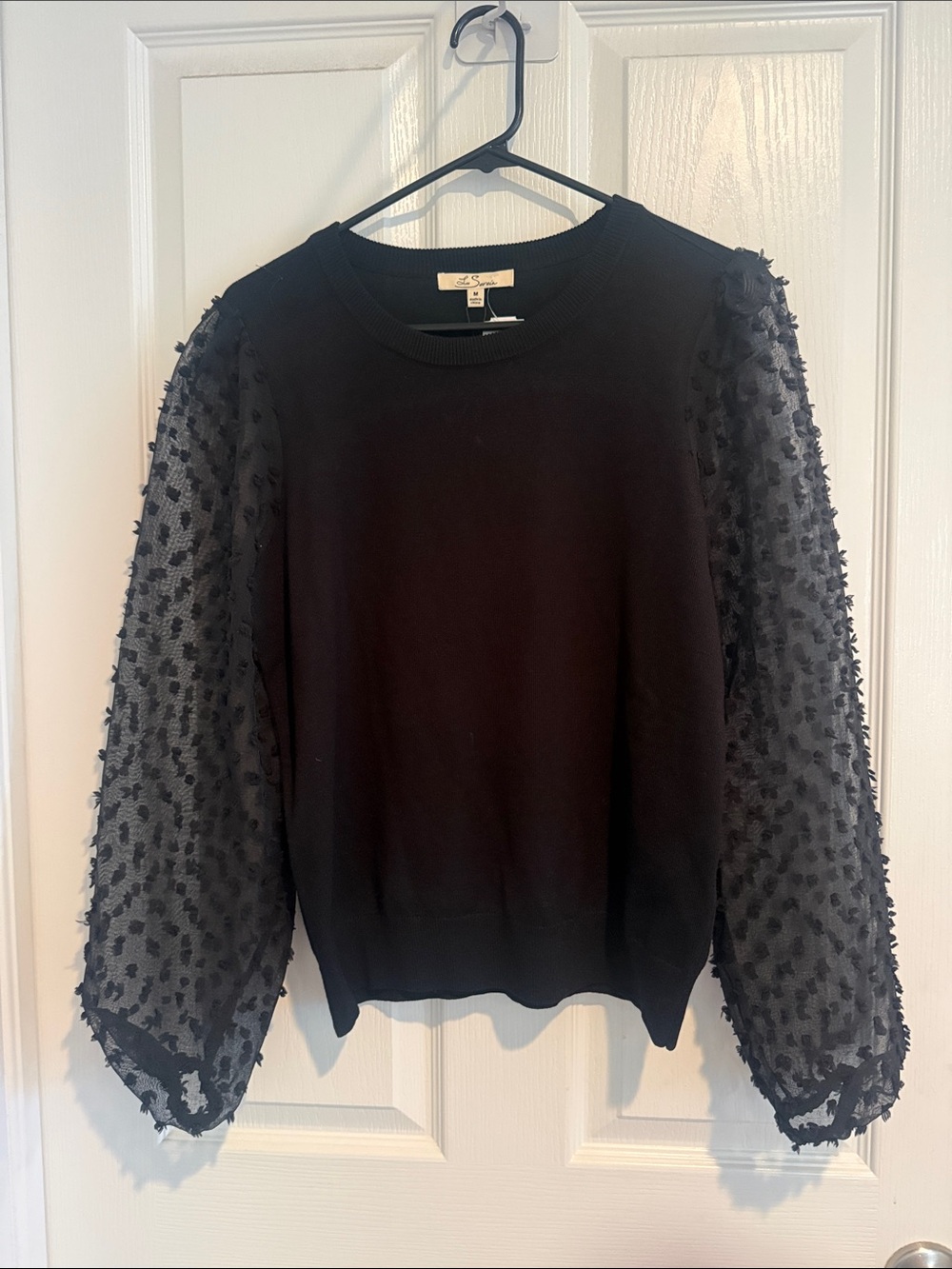 Black Crewneck Sweater with Textured Sheer Balloon Sleeves